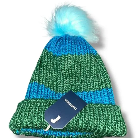 Hat Attack Happy Stripes Beanie Hat Blue Green Knit Faux Fur Pom-Pom OS Winter - Picture 2 of 9